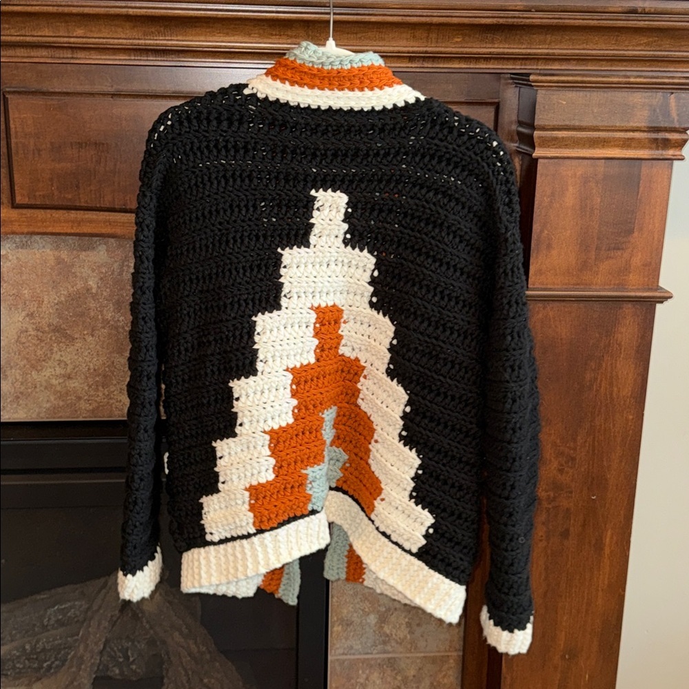 Handknit crochet open cardigan sweater mountain flame boho western Aztec est M/L